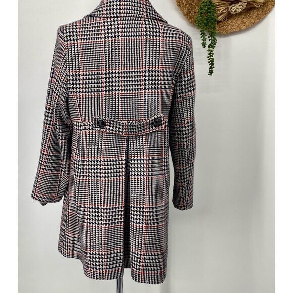 Tommy Hilfiger Classics 12 Wool Blend Houndtooth Plaid Coat Navy Red Cream Pocke - Picture 3 of 16